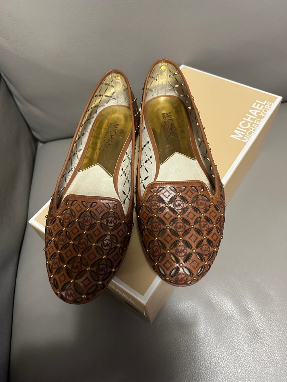 Michael Kors Brown Laser-Cut Leather Loafers with Stud Detail